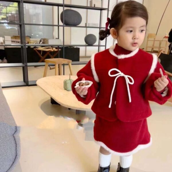 18M-6Y Red Plush Bowknit Bubble Fleece Coat And Skirt Set Wholesale Kids Boutique Clothing KSV493146