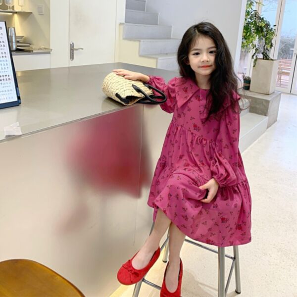 18M-7Y Rose Floral Bubble Sleeve Wide Collar Long Dress Wholesale Kids Boutique Clothing KDV493143