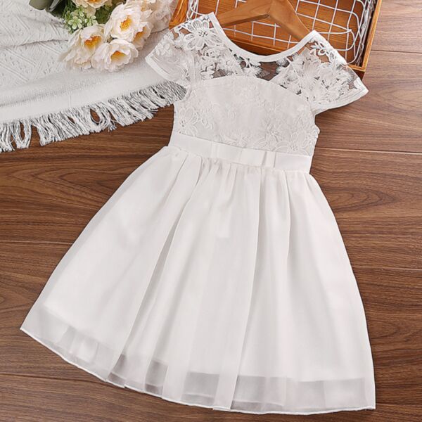 3-7Y Lace Floral Shoulder Sleeve White Pleated Skirt Dress Wholesale Kids Boutique Clothing KDV493387