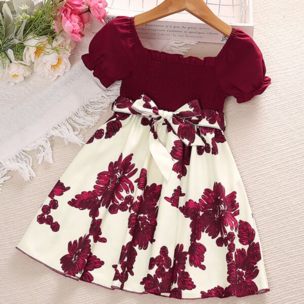 3-7Y Lotus Sleeve Red Flower Bowknot Waistbelt Sweet Dress Wholesale Kids Boutique Clothing KDV493372