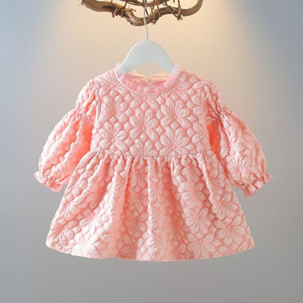 9M-3Y Long Sleeve Flower Texture Bubble Style Solid Color Dress Baby Wholesale Clothing KDV493609