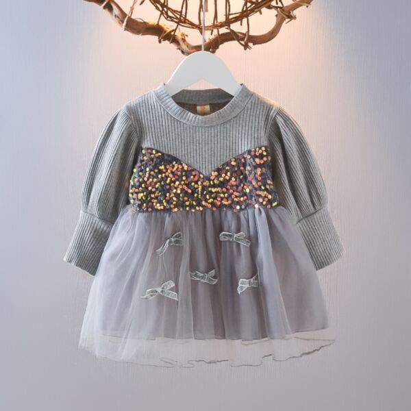 9M-3Y Paillette Bowknot Style Knitwear Long Sleeve Mesh Skirt Dress Baby Wholesale Clothing KDV493592