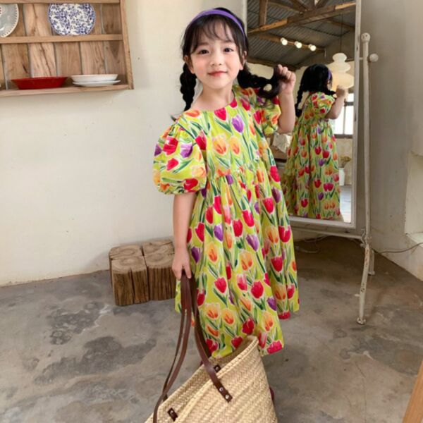 18M-7Y Rose Flower Print Bubble Sleeve Dress Wholesale Kids Boutique Clothing KDV493638