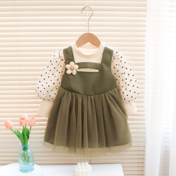 9M-3Y Fake-Two-Pieces Doc Bubble Sleeeve Flower Suspender Mesh Skirt Dress Baby Wholesale Clothing KDV493623