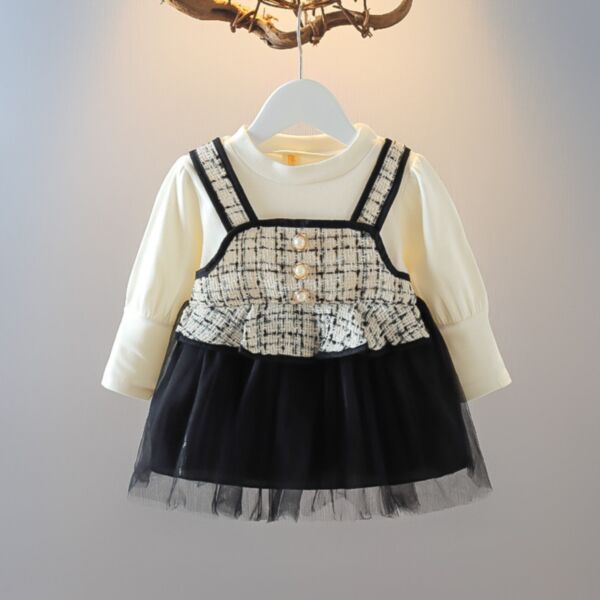 9M-3Y Fake-Two-Pieces Suspender Plaid Pearl Bubble Mesh Skirt Dress Baby Wholesale Clothing KDV493620