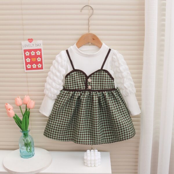 9M-3Y Bubble Sleeve Fake-Two-Pieces Plaid Dress Baby Wholesale Clothing KDV493614