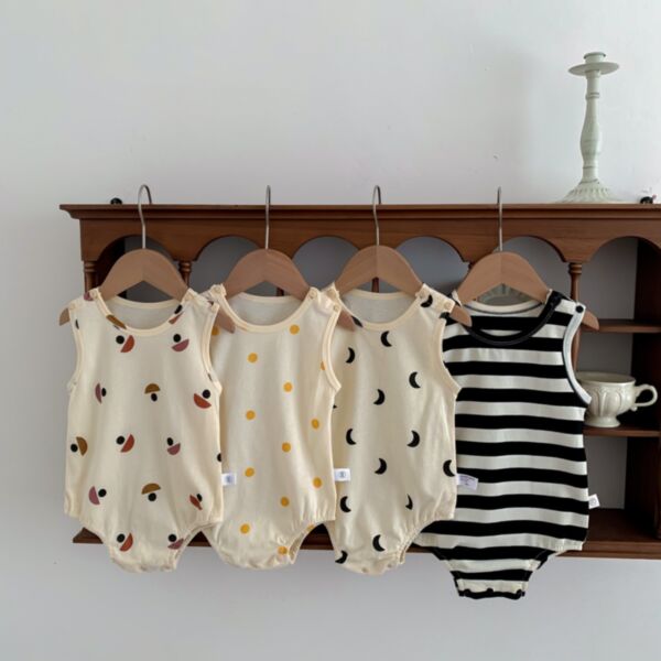3-18M Unisex Baby Solid Color Moon Print Sleeveless Bodysuit Wholesale Baby Clothing KJV388867