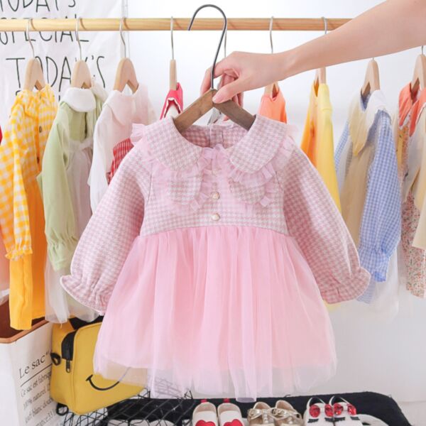 9M-3Y Pearl Button Plaid Wide Collar Mesh Dress Baby Wholesale ClothingKDV493610