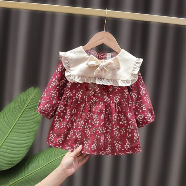 9M-3Y Floral Lotus Sleeve Bowknot Collar Dress Baby Wholesale Clothing KDV493608