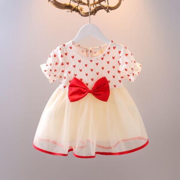 9M-3Y Heart Print Bowknot Lotus Short Sleeve Mesh Dress Baby Wholesale Clothing KDV493607