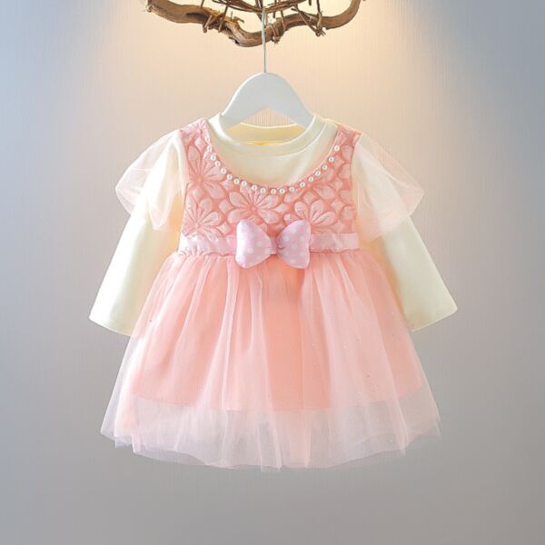9M-3Y Doc Bowknot Waist Belt Flower Mesh Long Sleeve Pearl Dress Baby Wholesale Clothing KDV493603