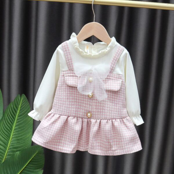 9M-3Y Mesh Bowknot Suspender Style Plaid Pearl Lotus Dress Baby Wholesale Clothing KDV493595
