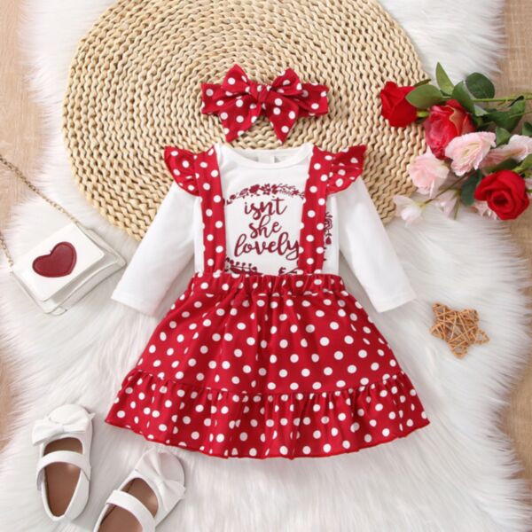 3-24M Flower Letter Print Romper And Flying Sleeve Doc Suspender Skirt Set Baby Wholesale Clothing KSV493533