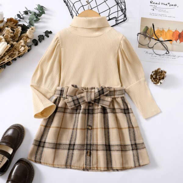 18M-6Y Knitwear Bubble Sleeve Sweater And Plaid Skirt Set Wholesale Kids Boutique Clothing KSV493531