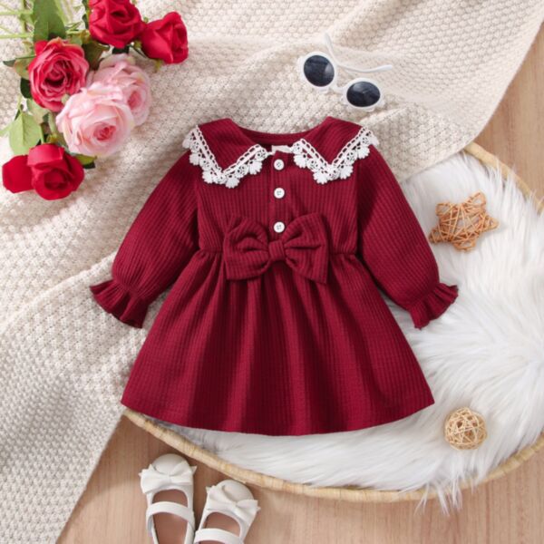 3-24M Plaid Bowknot Lace Wide Collar Button Pleated Dress Baby Wholesale Clothing KDV493541