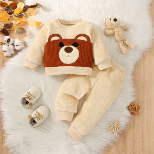 3-24M Bear Cute Print Fleece Pullover And Pants Set Baby Wholesale Clothing KSV493538