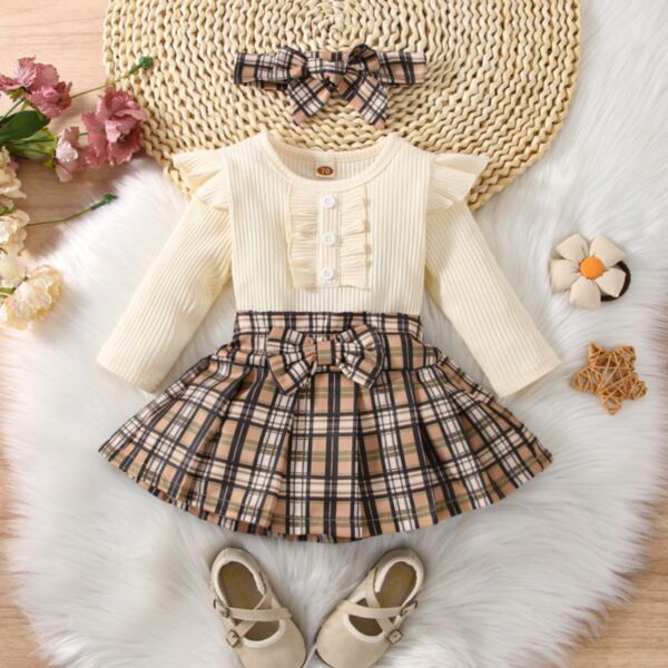 0-18M Flying Long Sleeve Knitwear Romper And Plaid Bowknot Skirt Dress Baby Wholesale Clothing KSV493535