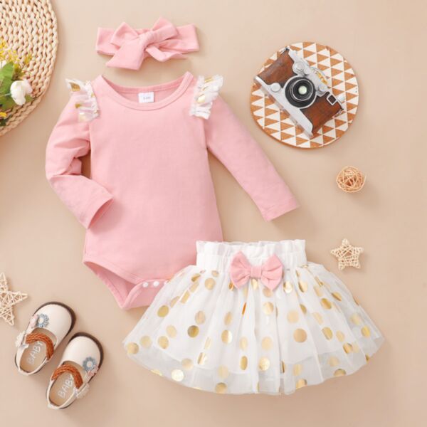 6-24M Lace Flying Sleeve Romper And Bowknot Doc Mesh Skirt Set Baby Wholesale Clothing KSV493529