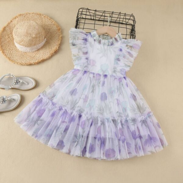 3-7Y Flower Mesh Lace Flying Sleeve Purple Pleated Skirt Dress Wholesale Kids Boutique Clothing KDV493523