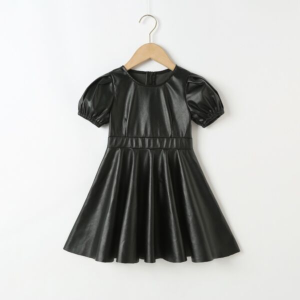 3-7Y PU Black Short Sleeve Pleated Skirt Dress Wholesale Kids Boutique Clothing KDV493522