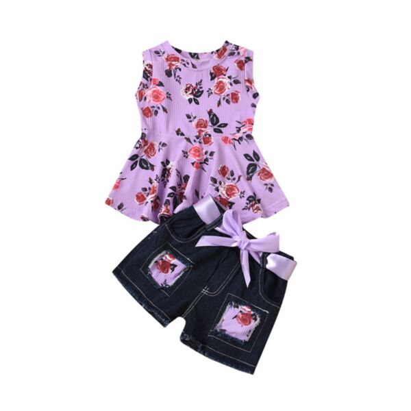 2-3Years Toddler Girls Striped Floral Sleeveless Top Denim Shorts With A Belt Wholesale Girls Clothes KSV388961