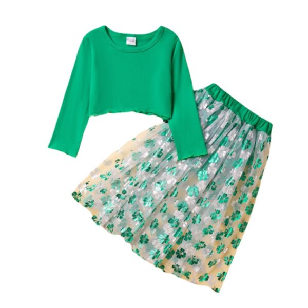 18M-6Y Toddler Girls St. Patrick'S Day Green Top Four-Leaf Clover Mesh Culottes Wholesale Girls Clothes KSV388940