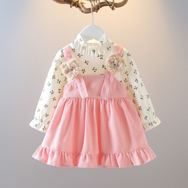 9M-3Y Floral Lotus Long Sleeve Tops And Bear Suspender Pleated Skirt Dress Baby Wholesale Clothing KDV493621
