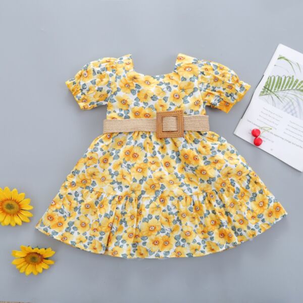 18M-6Y Flower Print Short Lotus Sleeve Dress Wholesale Kids Boutique Clothing KDV493725