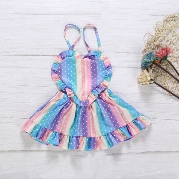 6-24M Rainbow Striped Colorblock Suspender Heart Dress Baby Wholesale Clothing KDV493723