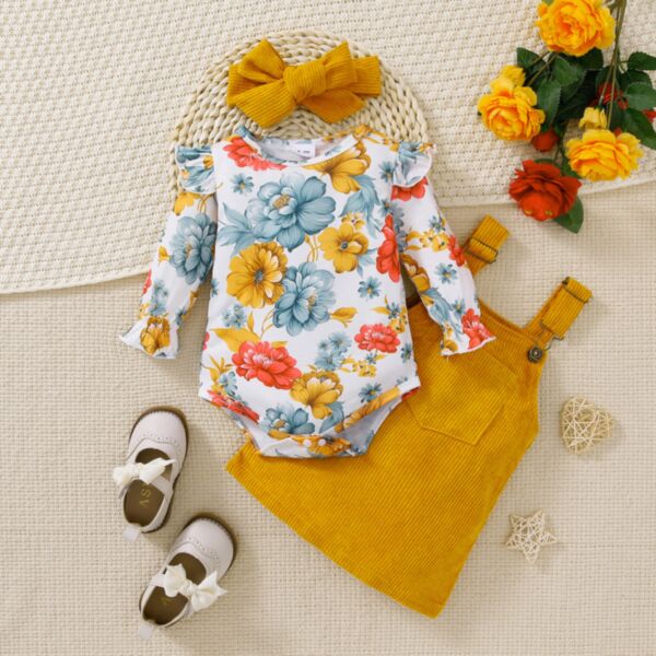 0-18M Flower Long Flying Sleeve Romper And Suspender Texture Dress Set Baby Wholesale Clothing KSV493718