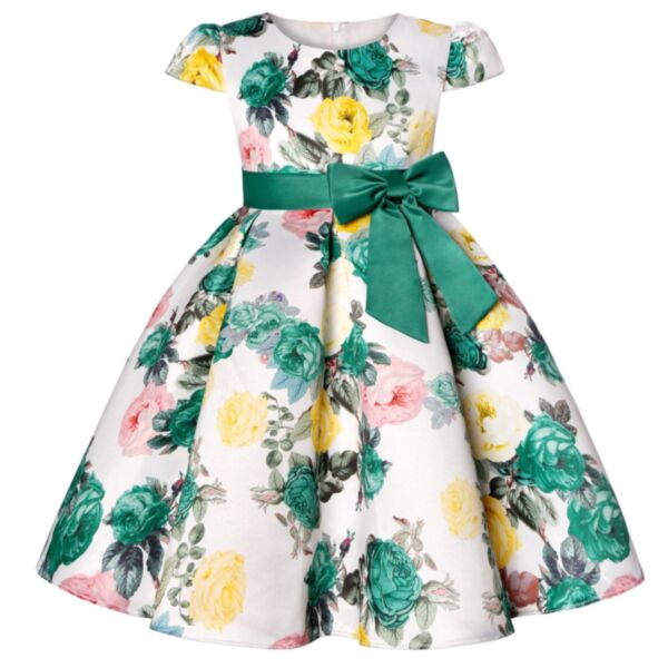 2-10Y Kids Girls Short-Sleeved Vintage Floral Print Performance Dress With Waistband Wholesale Clothing Kidswear KDV591559