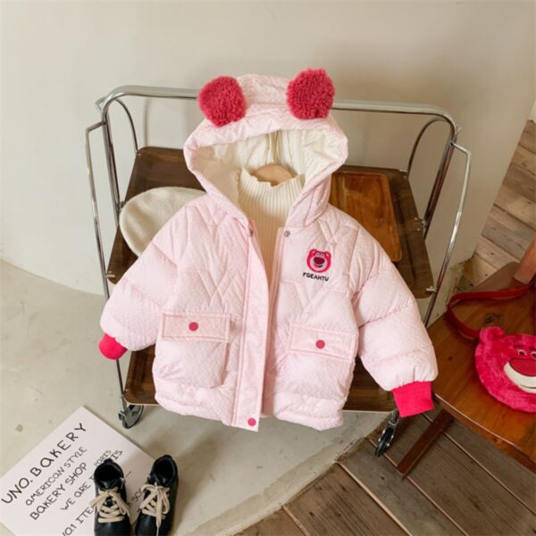 18M-5Y Toddler Girl Long-Sleeved Cartoon Strawberry Bear Print Ears Hooded Zipper Jacket Wholesale Girls Clothes KCV591630