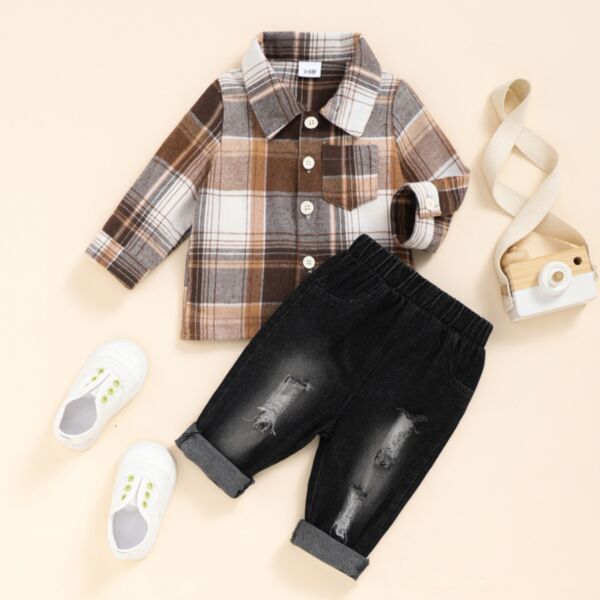 3-24M Plaid Long Sleeve Button Shirt And Denim Jeans Set Baby Wholesale Clothing KSV493707