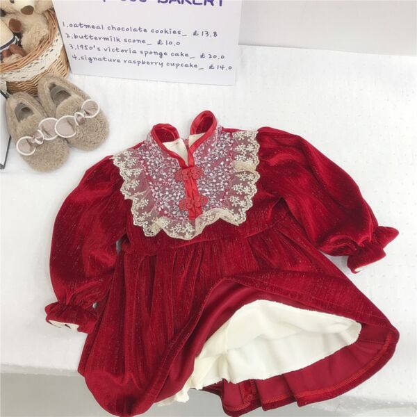 9M-6Y Lace Collar Red Bubble Style Fleece Dress Wholesale Kids Boutique Clothing KCV493580
