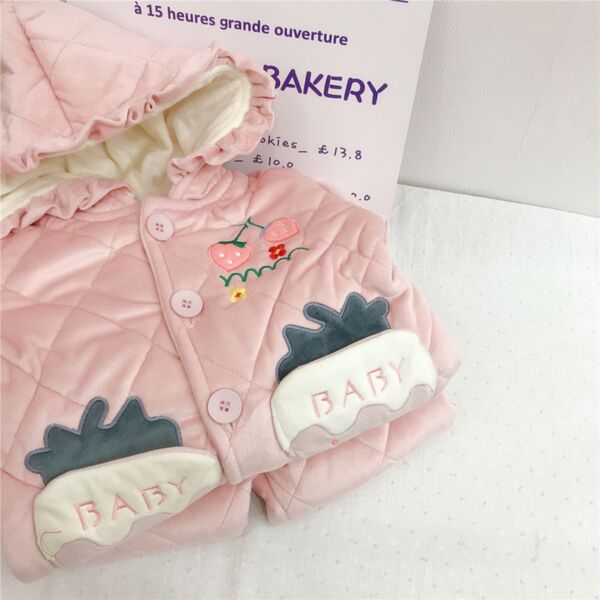 18M-6Y Strawberry Print Texture Cotton Padded Button Coat With Lotus Hat And Pants Set Wholesale Kids Boutique Clothing KCV493579