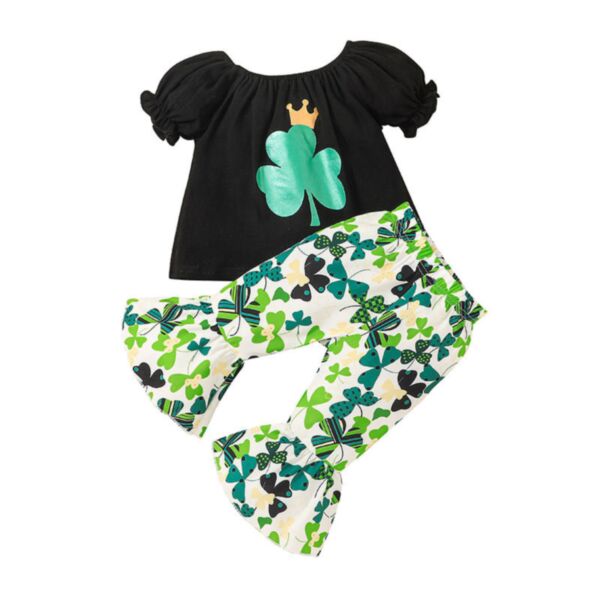 0-18M Baby Girl Sets Four-Leaf Clover Print Bubble Sleeve Top And Floral Flared Pants Wholesale Baby Clothing KSV591625