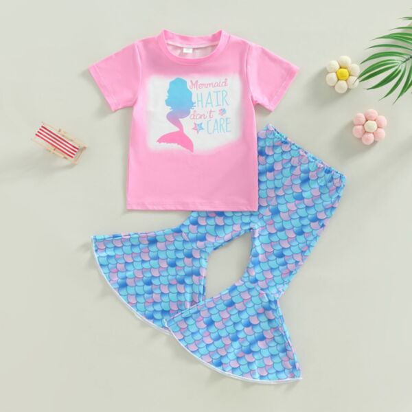 18M-6Y Toddler Girl Sets Valentine'S Day Cartoon Mermaid Letter Print Short-Sleeved Top And Fish Scale Flared Pants Girl Wholesale Boutique Clothing KSV591661