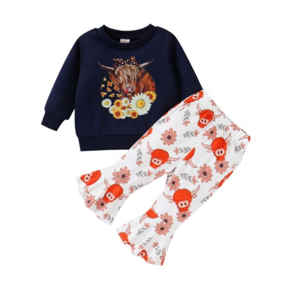 3M-3Y Cow Flower Pullover And Flares Pants Set Baby Wholesale Clothing