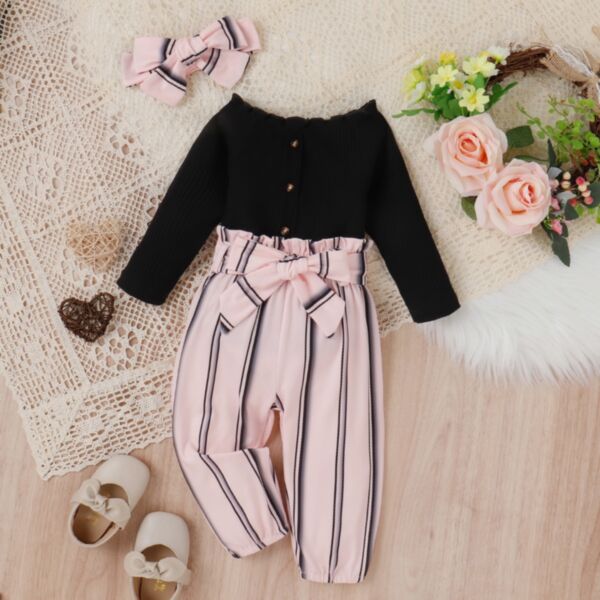 3-18M Black Off-Shoulder Button Tops And Striped Bowknot Troursers Set Baby Wholesale Clothing KSV493672