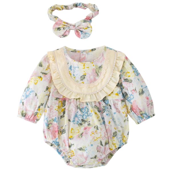 0-18M Baby Girl Long Sleeve Floral Print Ruffle Collar Bodysuit And Headband Wholesale Baby Boutique Clothing KJV591567