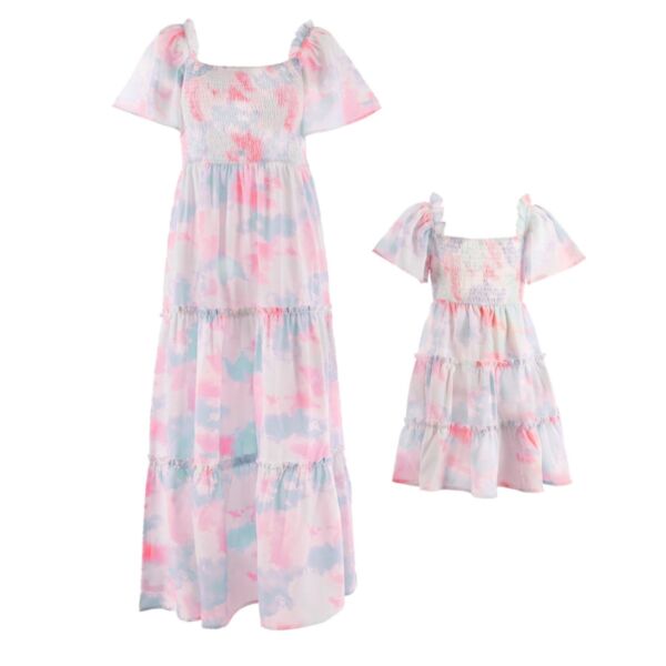 Parent-Child Wear Tie-Dye Hem With Bubble Sleeve Dresses Family Matching Outfits Wholesale KDV591507