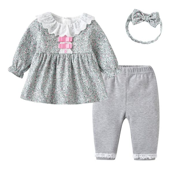 9M-4Y Toddler Girl Sets Long Sleeve Floral Print Bow Clash Top And Pants And Headband Wholesale Girls Clothes KSV591248