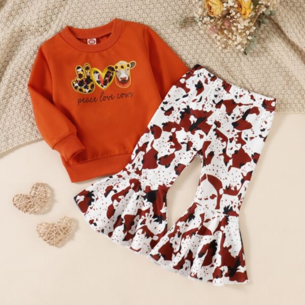 9M-4Y Love Letter Print Pullover And Milch Cow Print Flares Pants Set Wholesale Kids Boutique Clothing KSV493669