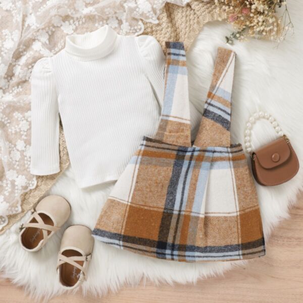 9M-4Y High Collar Long Sleeve White Pullover And Suspender Plaid Skirt Set Wholesale Kids Boutique Clothing KSV493657