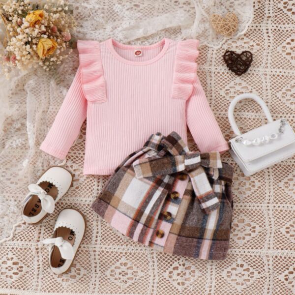 9M-4Y Lotus Shoulder Long Sleeve Striped Knitwear Pullover And Big Bowknot Button Plaid Skirt Set Wholesale Kids Boutique Clothing