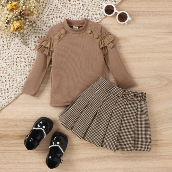 9M-4Y Coffee Lotus Long Sleeve Round Neck Pullover And Plaid Pleated Skirt Set Wholesale Kids Boutique Clothing KSV493655
