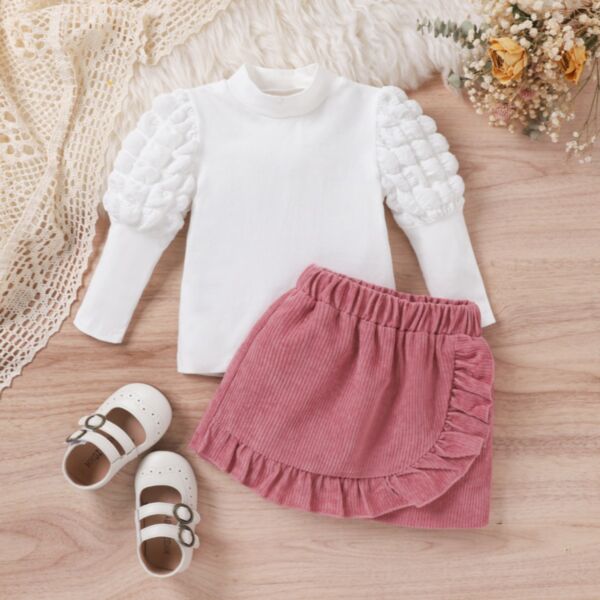 9M-4Y White Little Bubble Sleeve Style Pullover And Knitwear Lotus Skirt Set Wholesale Kids Boutique Clothing KSV493653