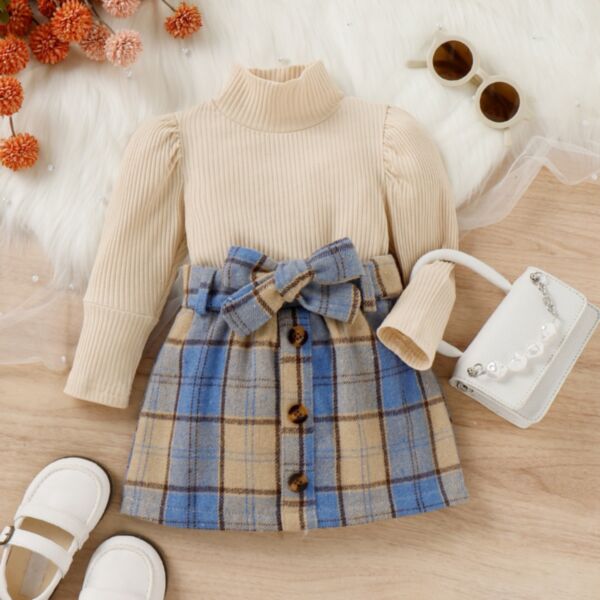 9M-4Y Striped High Collar Bubble Long Sleeve Pullover And Plaid Skirt Set Wholesale Kids Boutique Clothing KSV493652