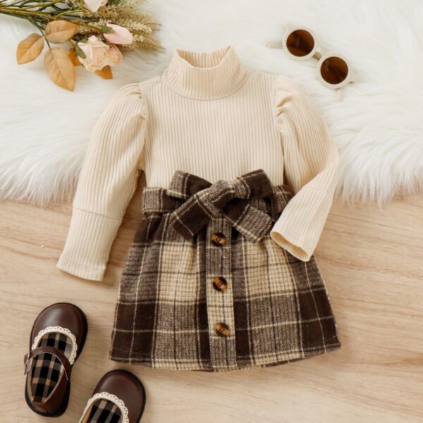 9M-4Y Knitwear High Collar Bubble Sleeve Pullover And Plaid Bowknit Skirt Set Wholesale Kids Boutique Clothing KSV493651
