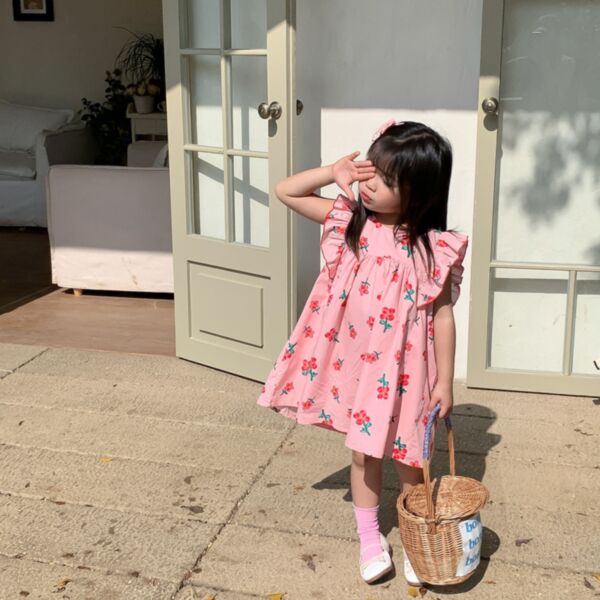 18M-7Y Toddler Girl Cute Heart & Floral Print Fly Sleeve A-Line Dress Wholesale Little Girl Clothing KDV591708